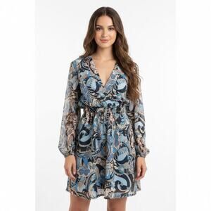 Boston Proper Paisley Mini Dress Blue Sheer Puff Sleeve 14 V Neck Resort Summer